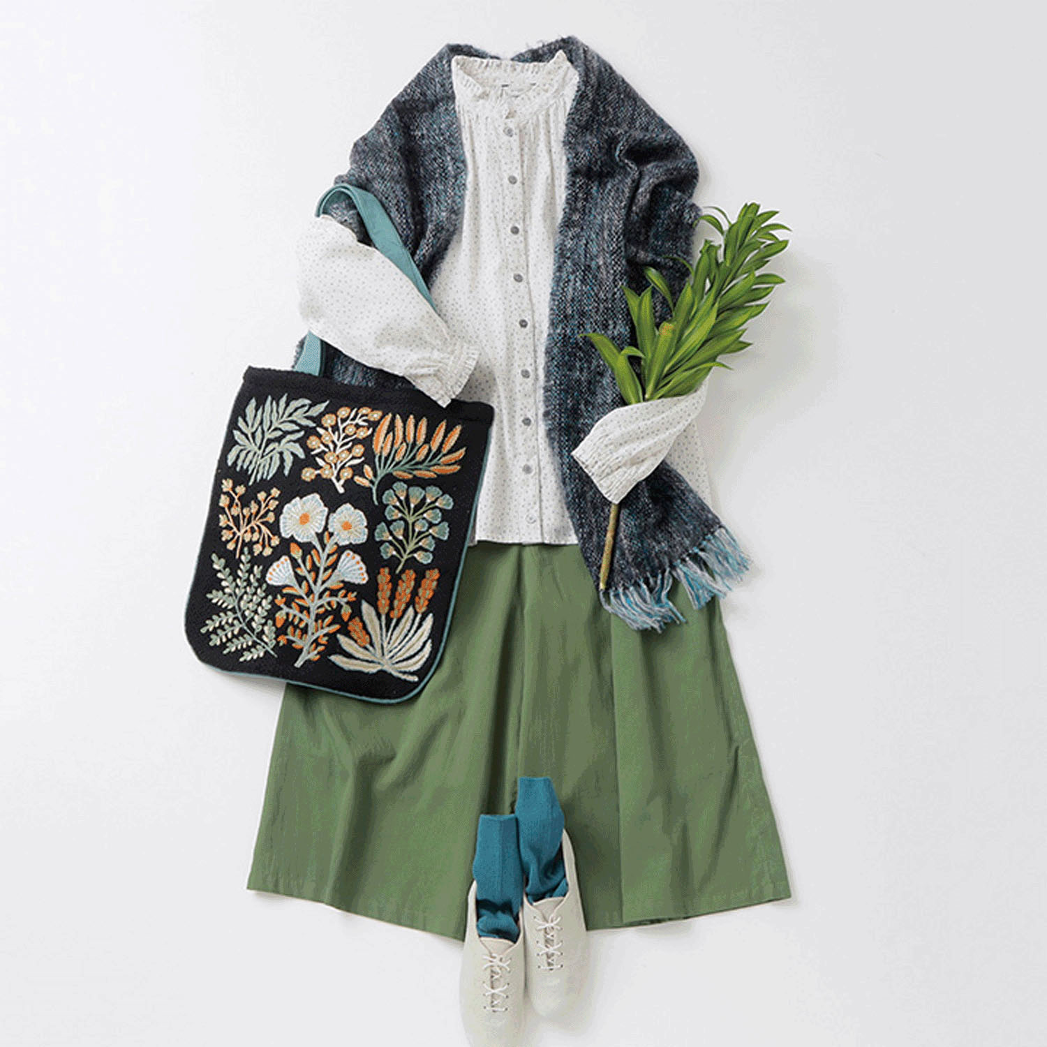 プラント刺繍フラットトートバッグ - 画像1