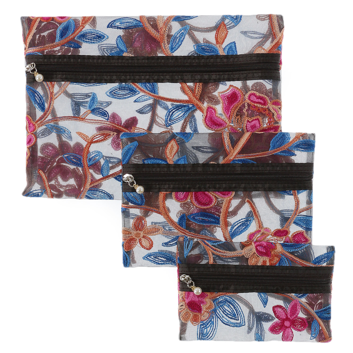 メッシュ花柄刺繍3Pポーチ - 画像2