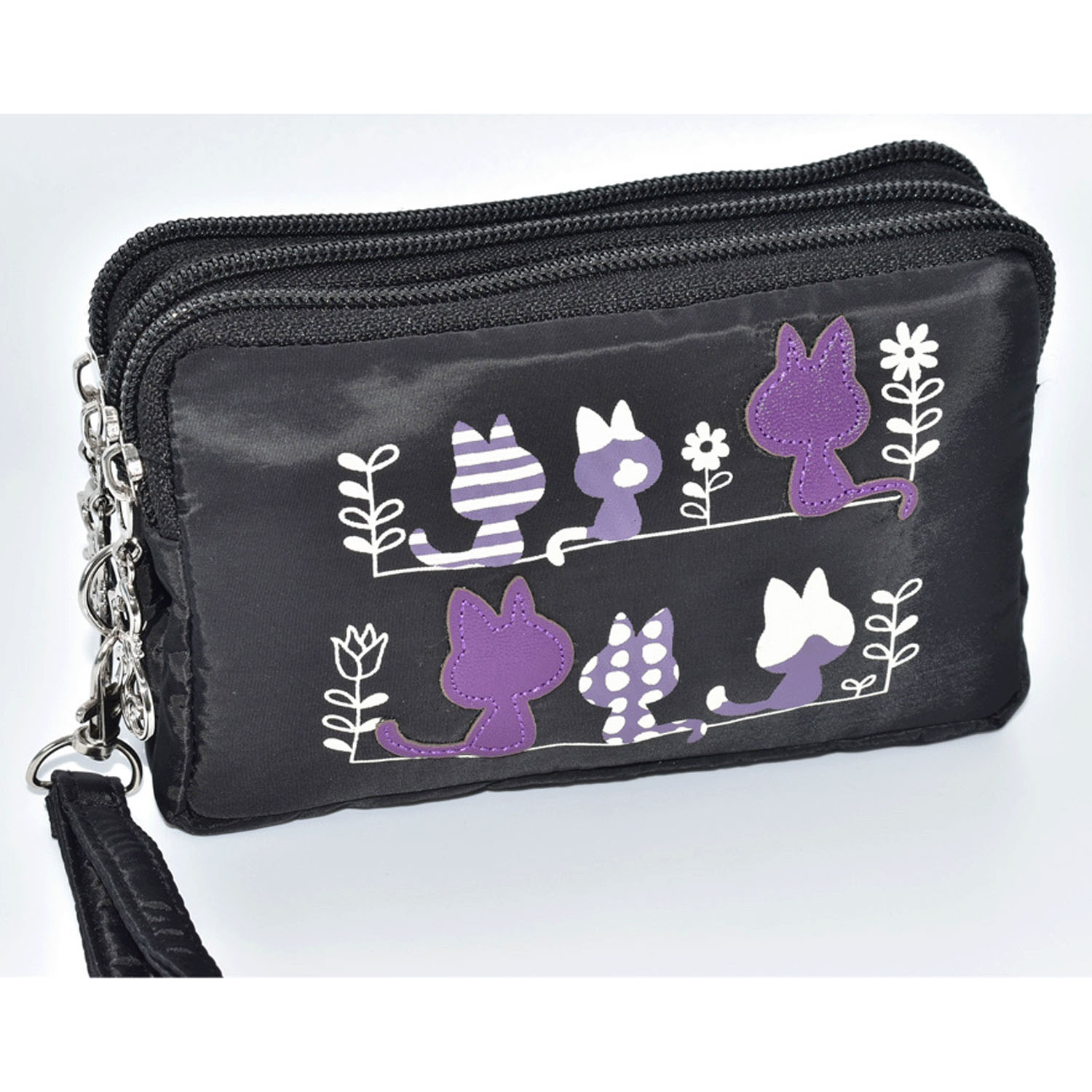 3連ファスナーネコ貼り付けポーチ - 画像1