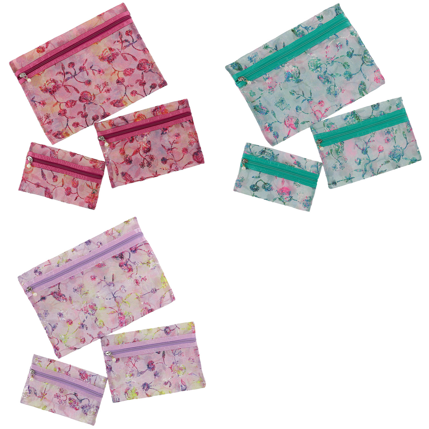 メッシュフ ラワー刺繍ポーチ 3点セット - 画像1