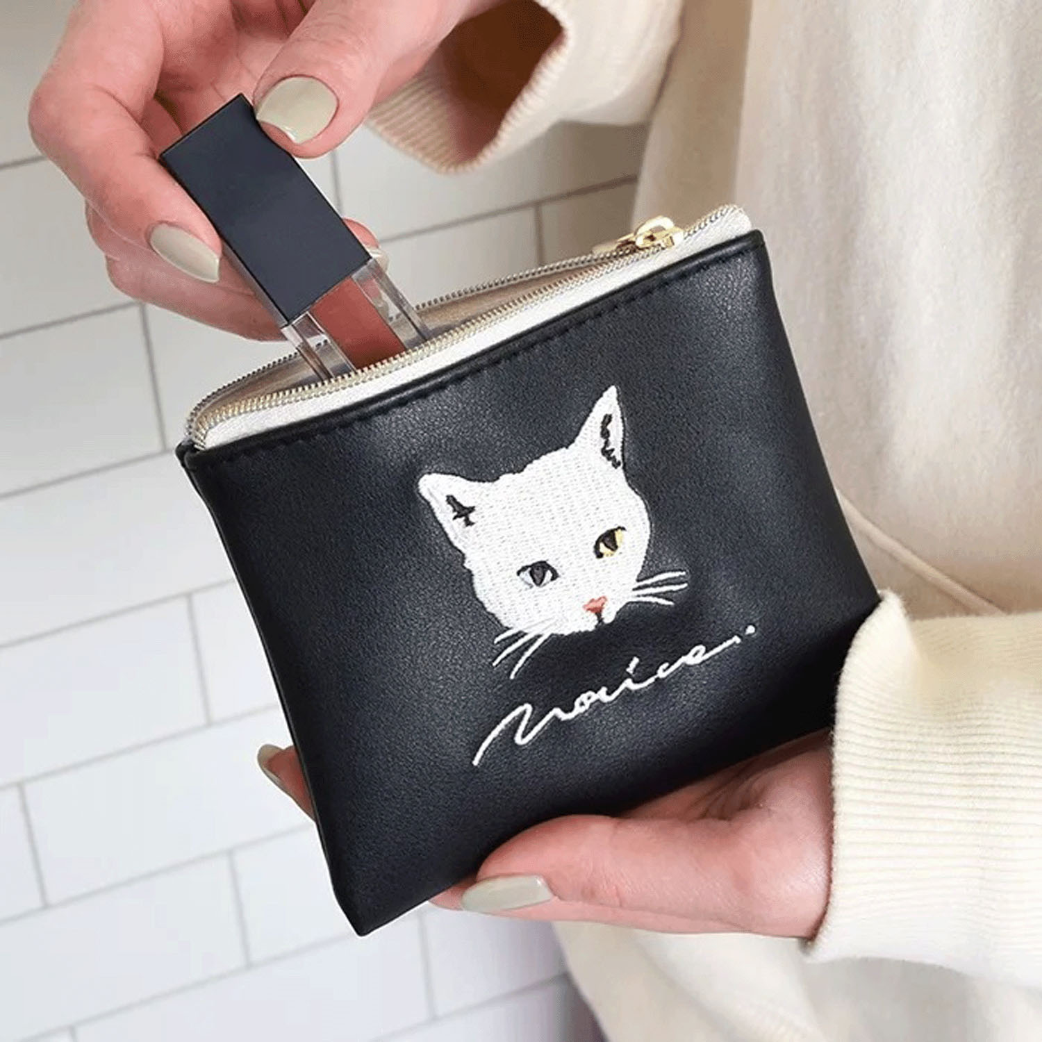モノクロ猫ミニフラットポーチ