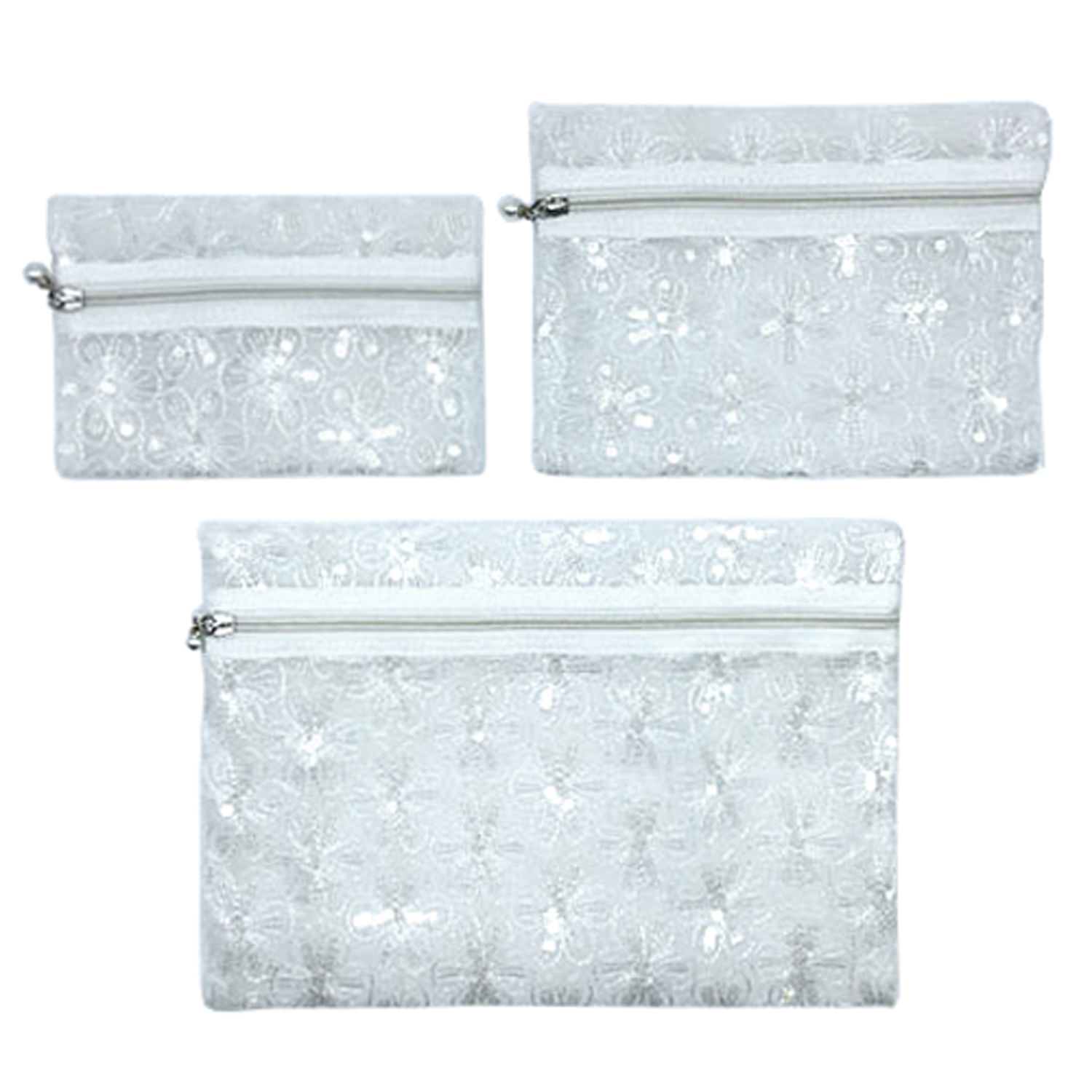 メッシュ スパンコール花刺繍 ポーチ3点セット