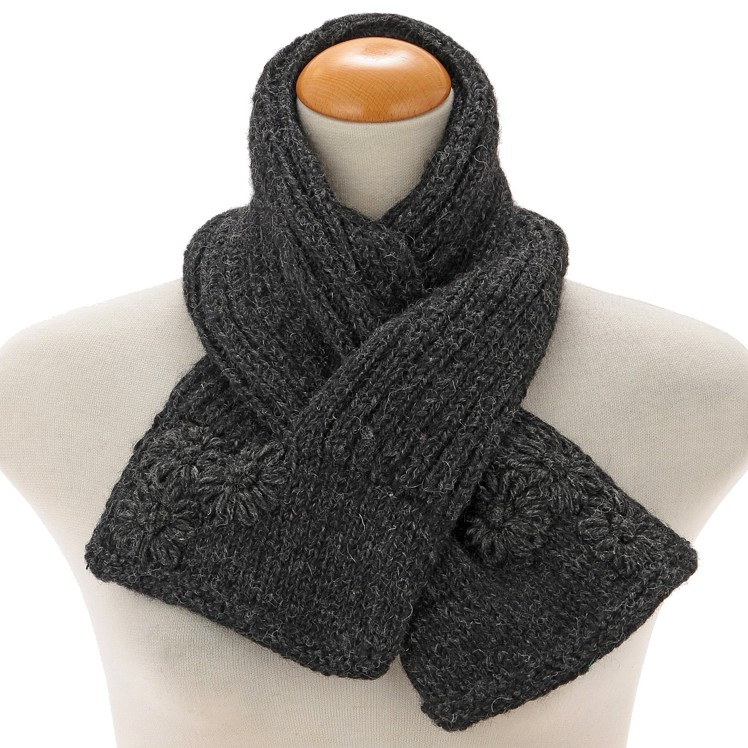 ネパール製 シンプルフラワー刺繍ミニマフラー - 画像1