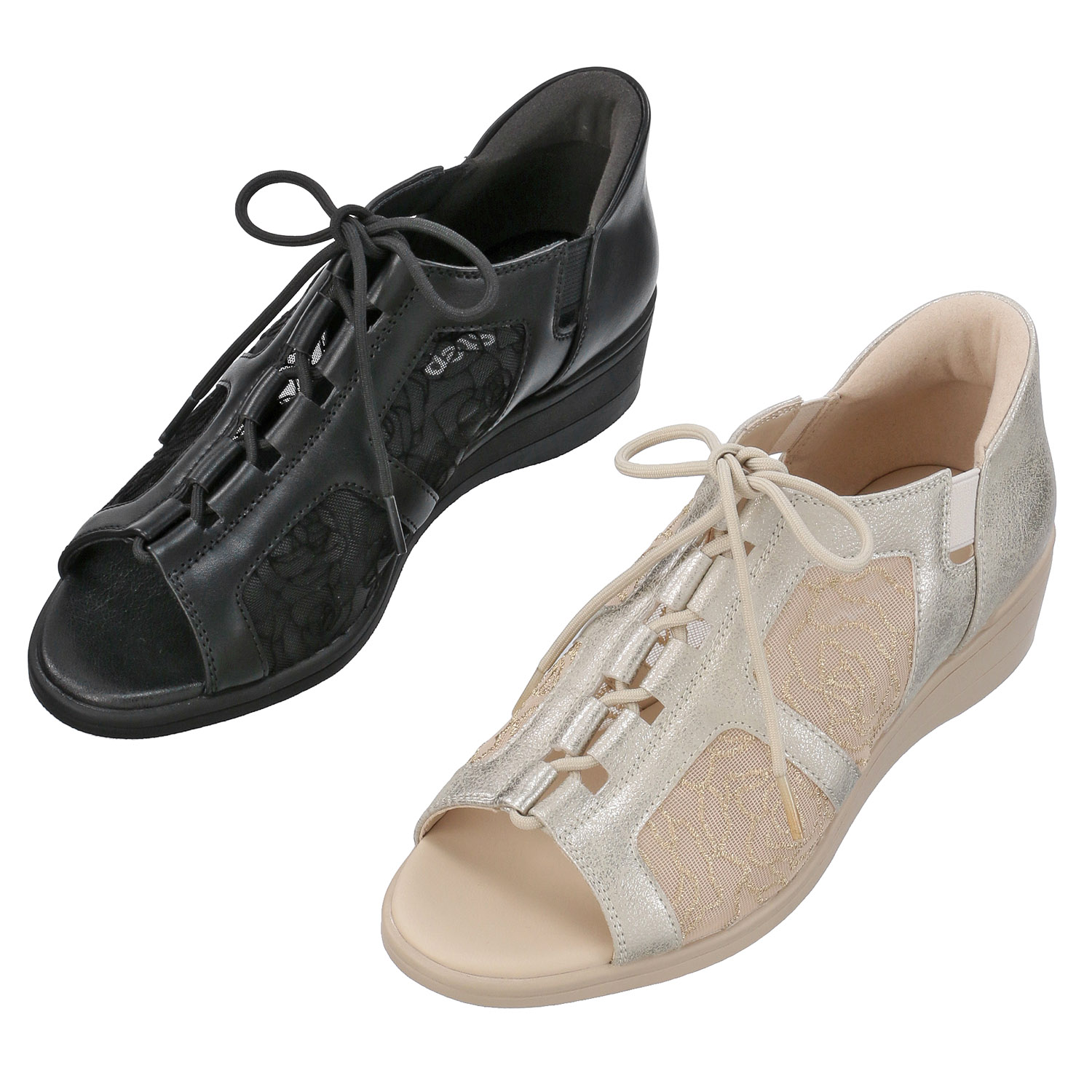 【するっと脱ぎ履きサンダル】 SOFT STEP チュールレースアップサンダルSSP3802 - 画像1