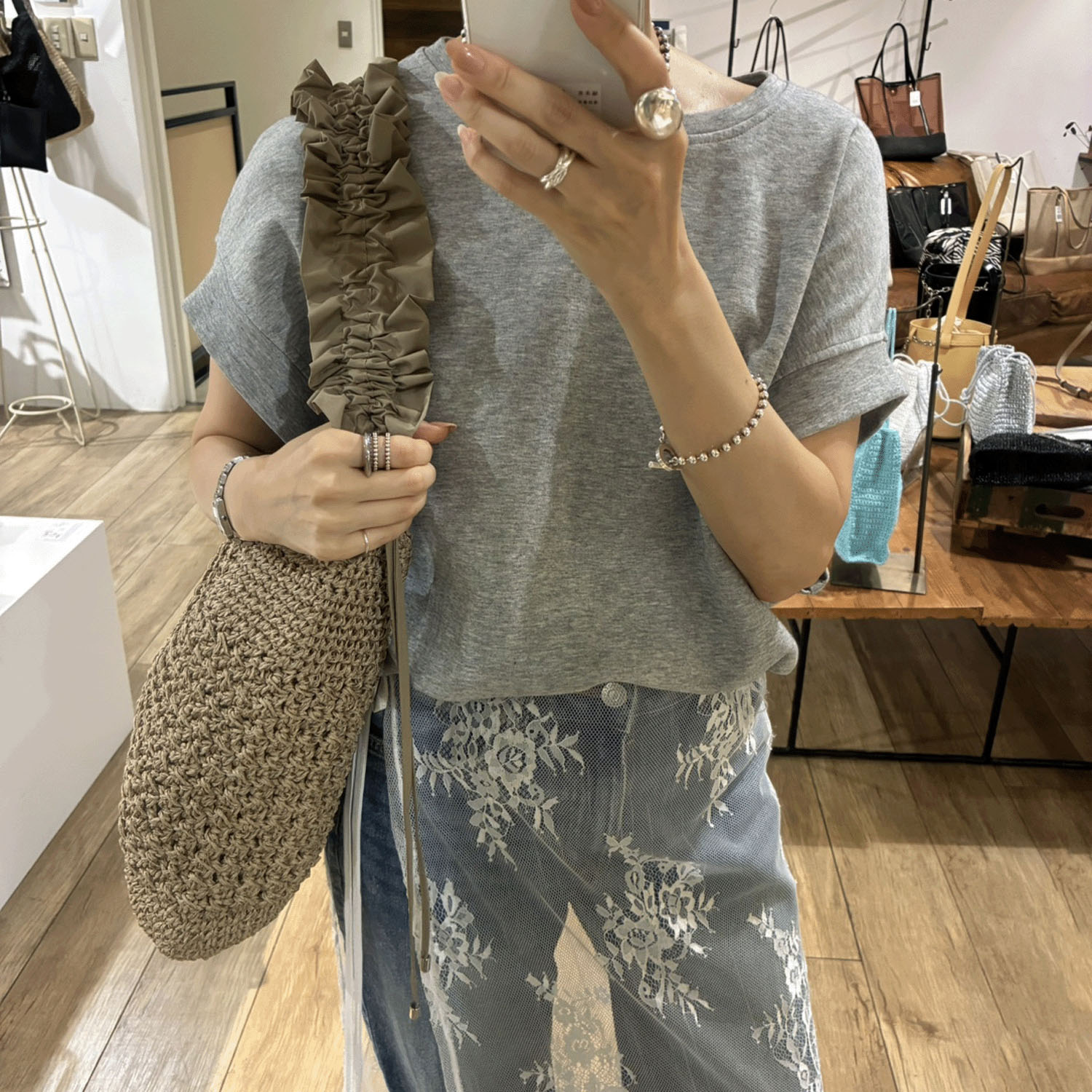 cachecache ドロストフリルハンドル地柄編みトート - 画像11