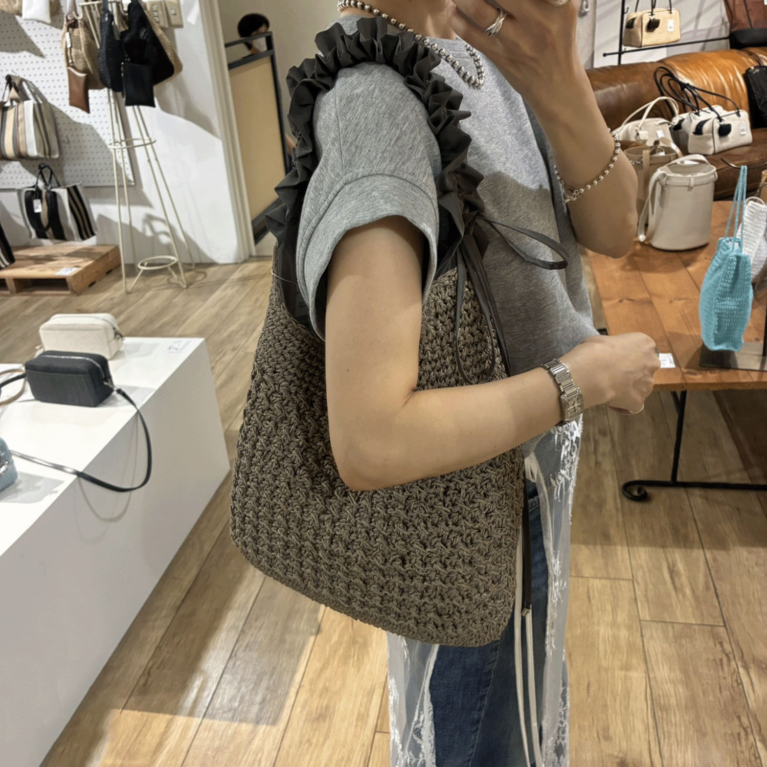 cachecache ドロストフリルハンドル地柄編みトート - 画像6