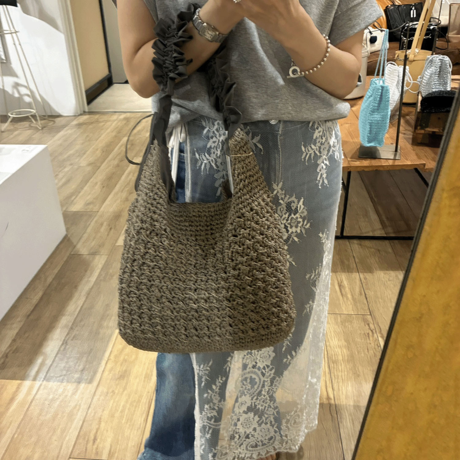 【Insta Live】cachecache ドロストフリルハンドル地柄編みトート