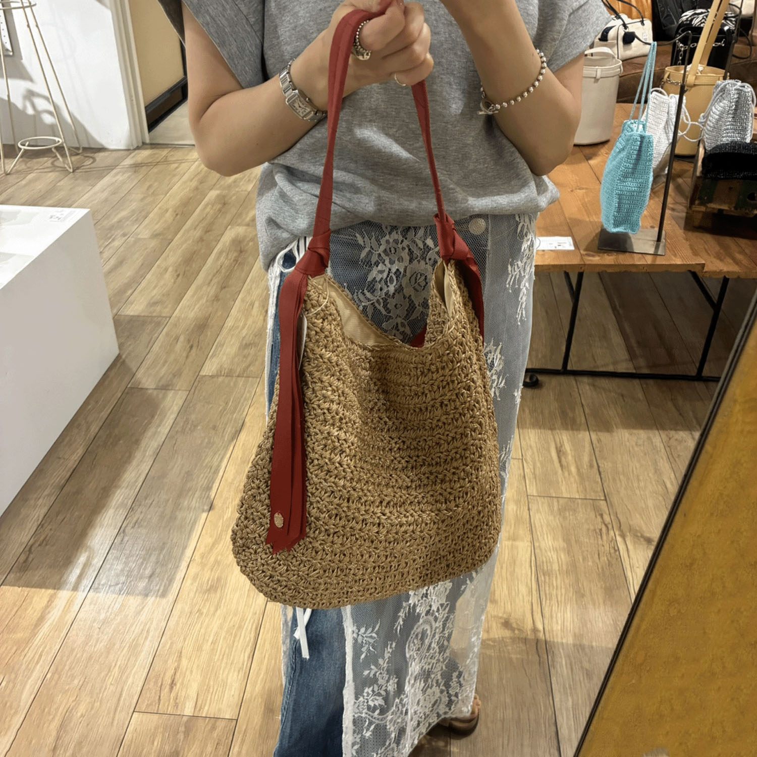 cachecache 下がりグログラン地柄編みトート