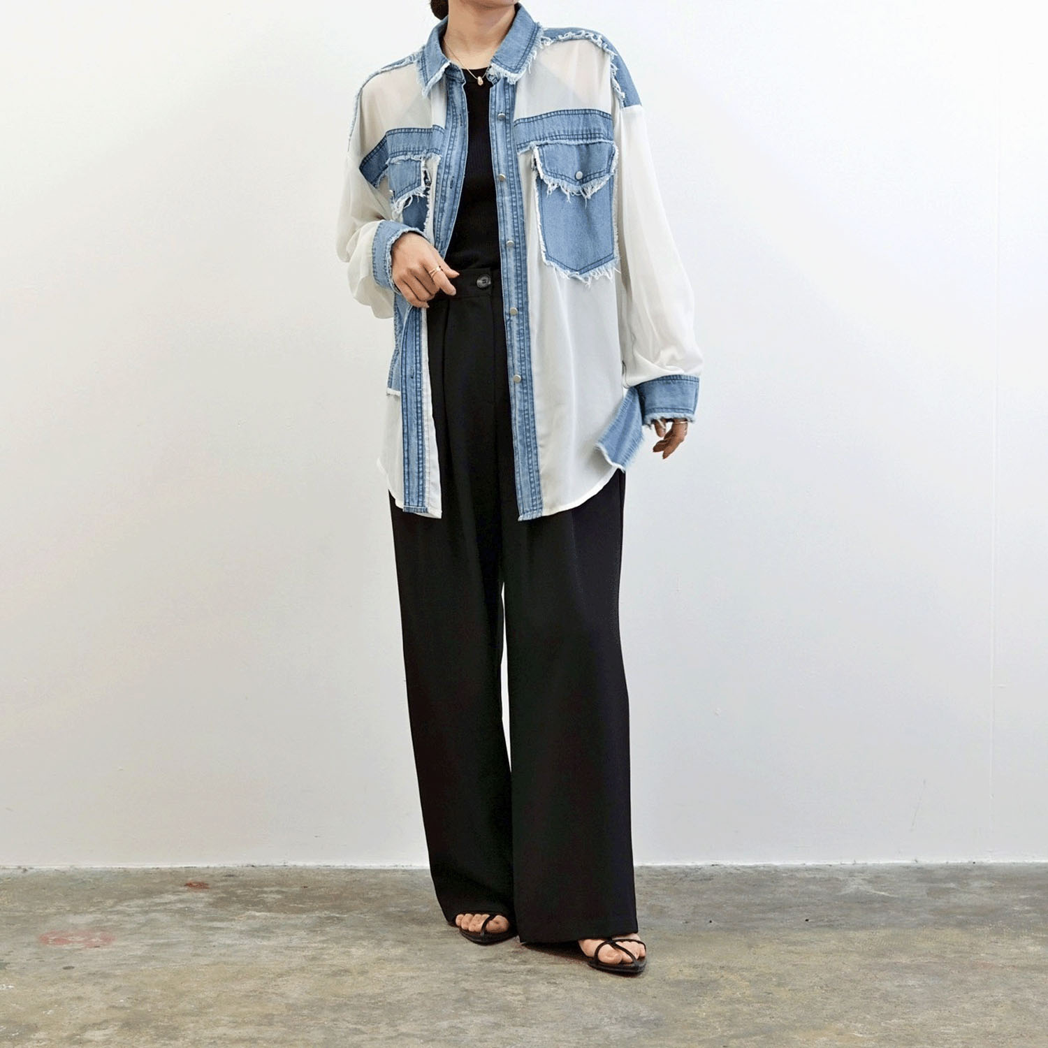 SEVEN SENSE デニム切替シアーシャツ - 画像5