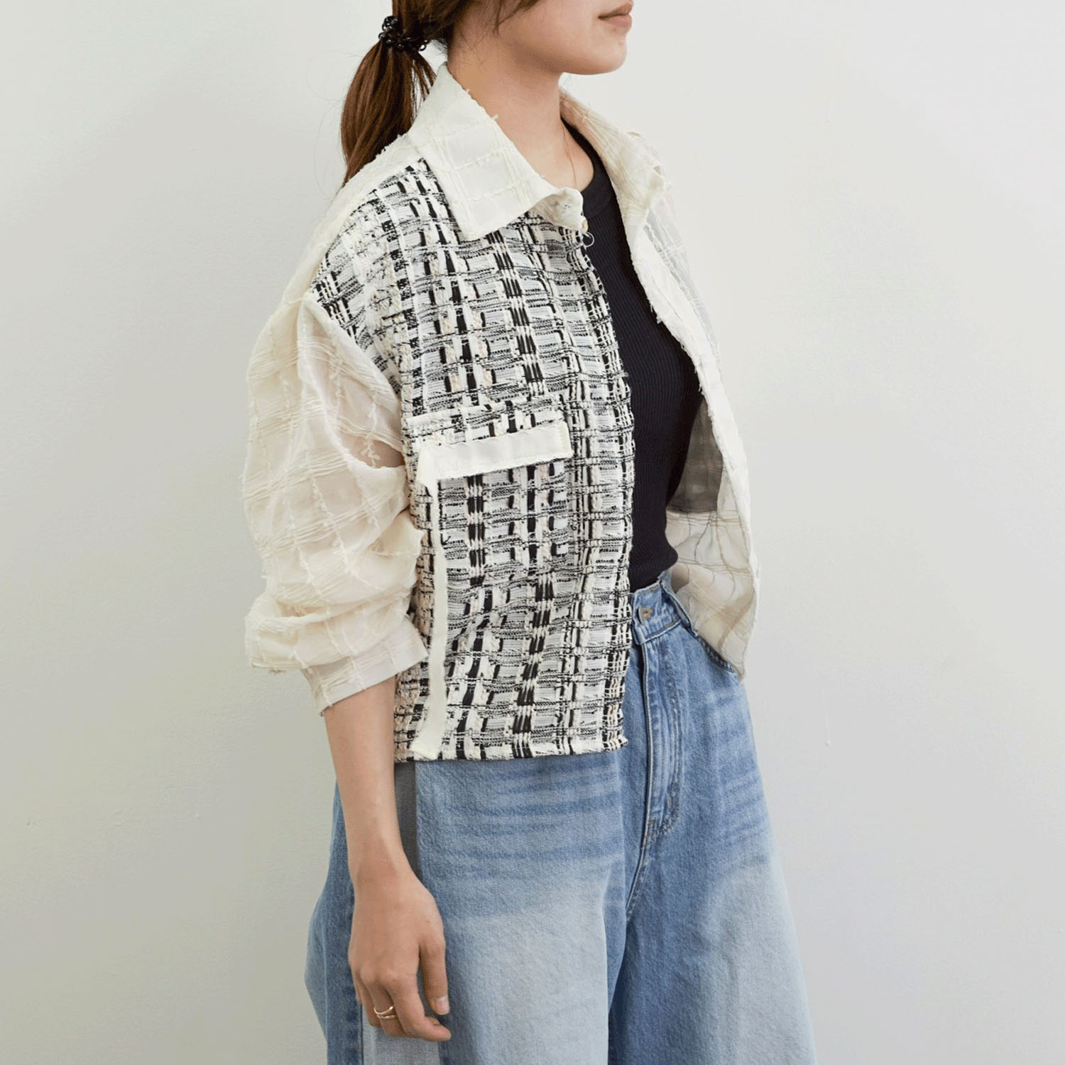 SEVEN SENSE  アシメツイードデザインシアーシャツ - 画像3