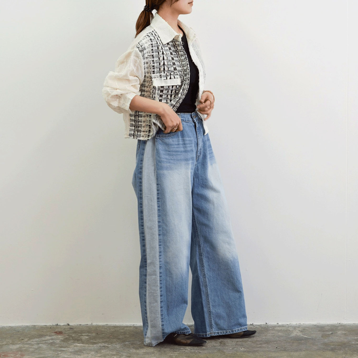 SEVEN SENSE  アシメツイードデザインシアーシャツ - 画像5