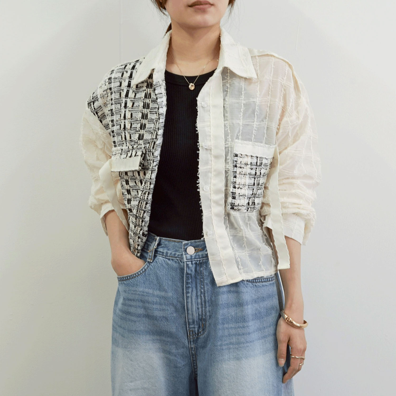 SEVEN SENSE  アシメツイードデザインシアーシャツ - 画像1