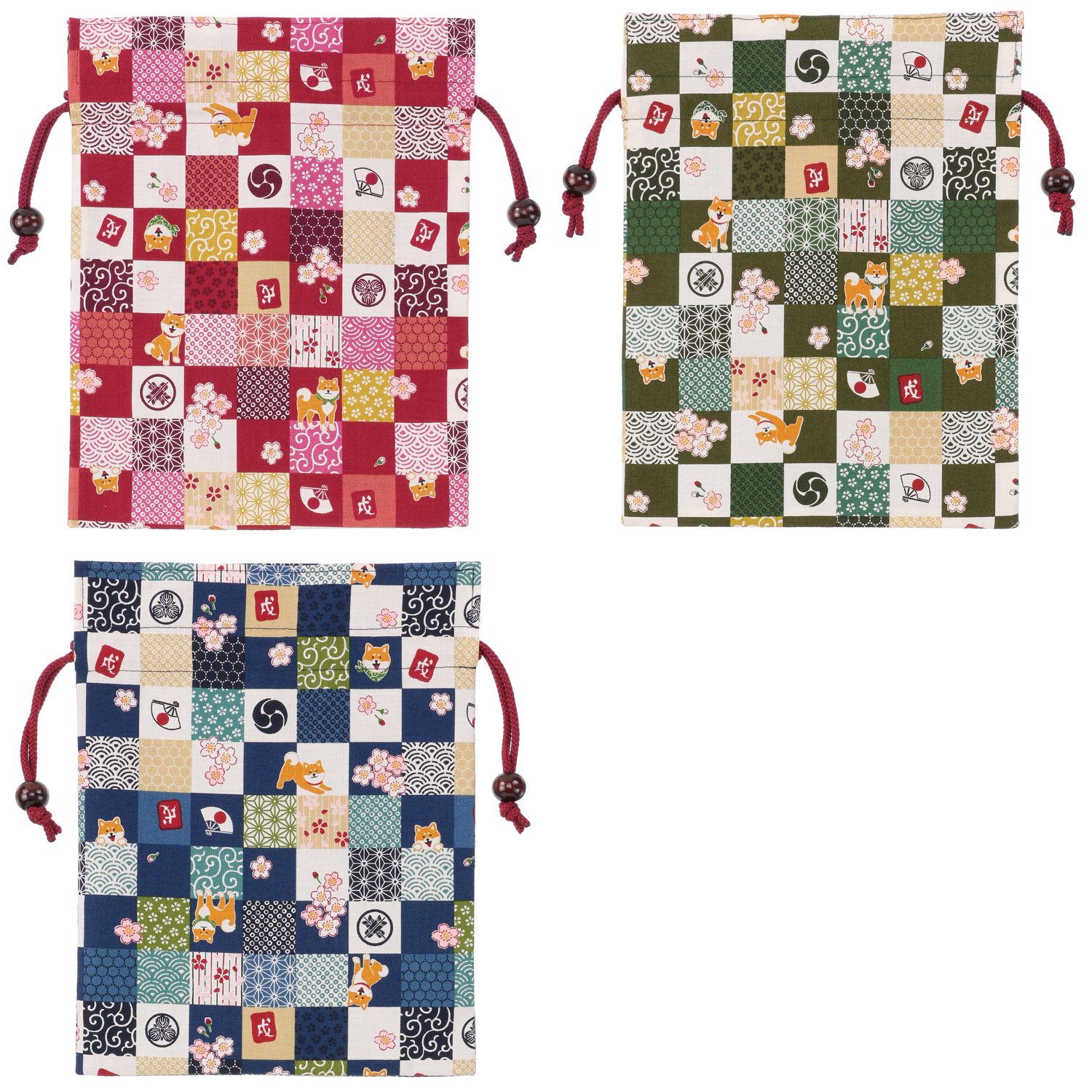 平巾着 市松柴犬