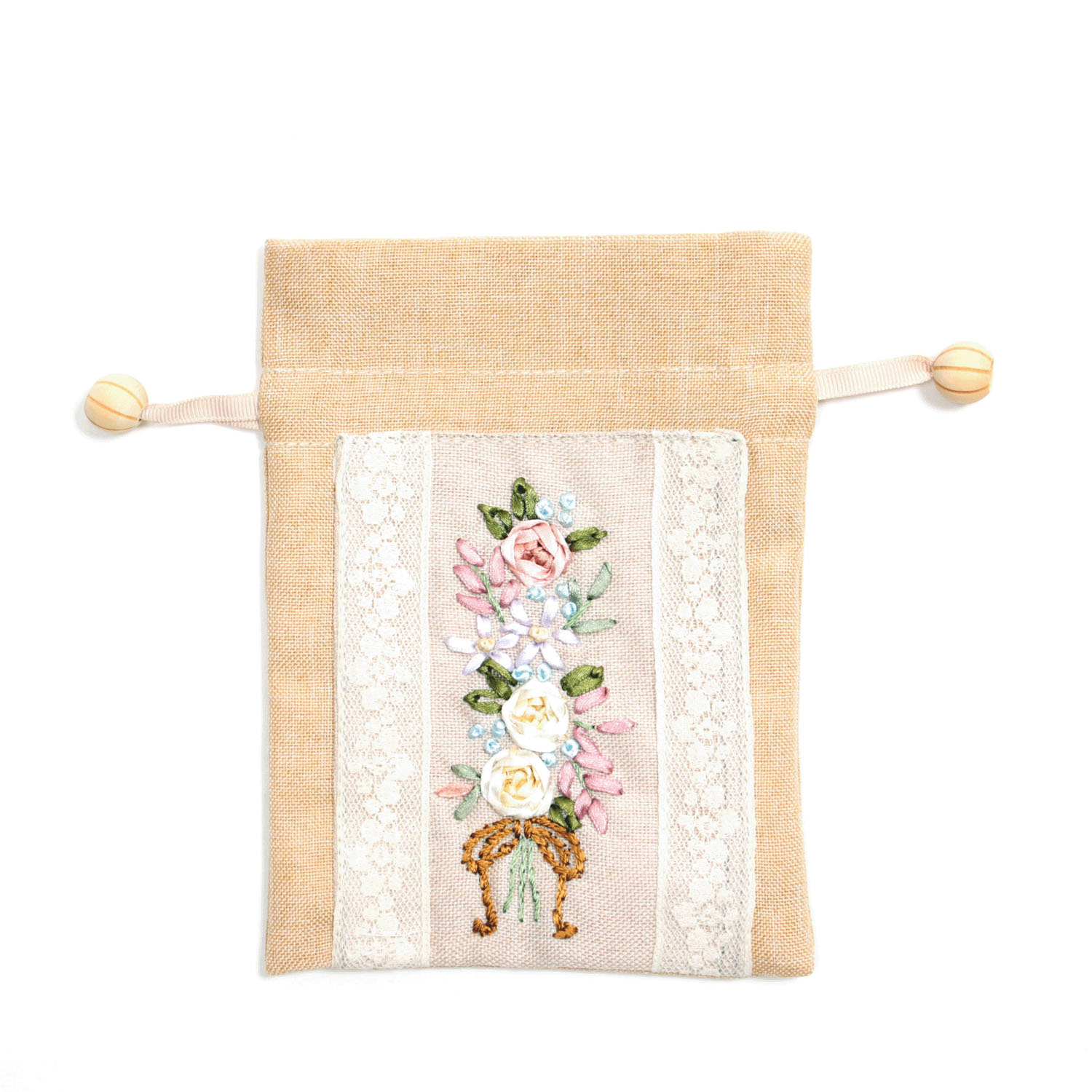 リボン刺繍 ベージュ 巾着M - 画像1