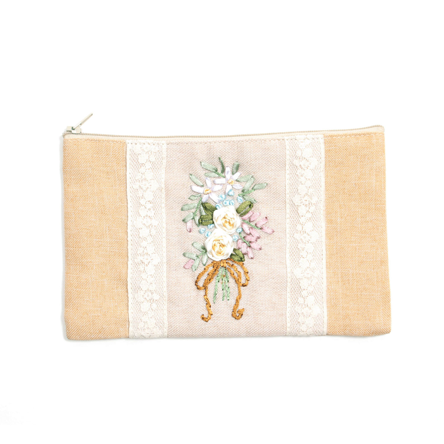 リボン刺繍 ベージュ マルチケース