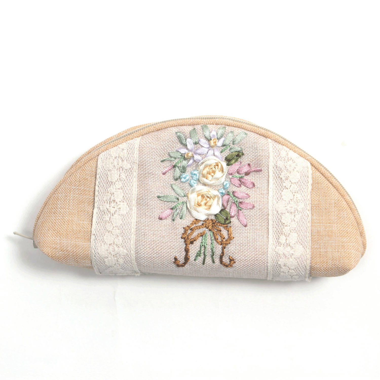 リボン刺繍 ベージュ 眼鏡ケース