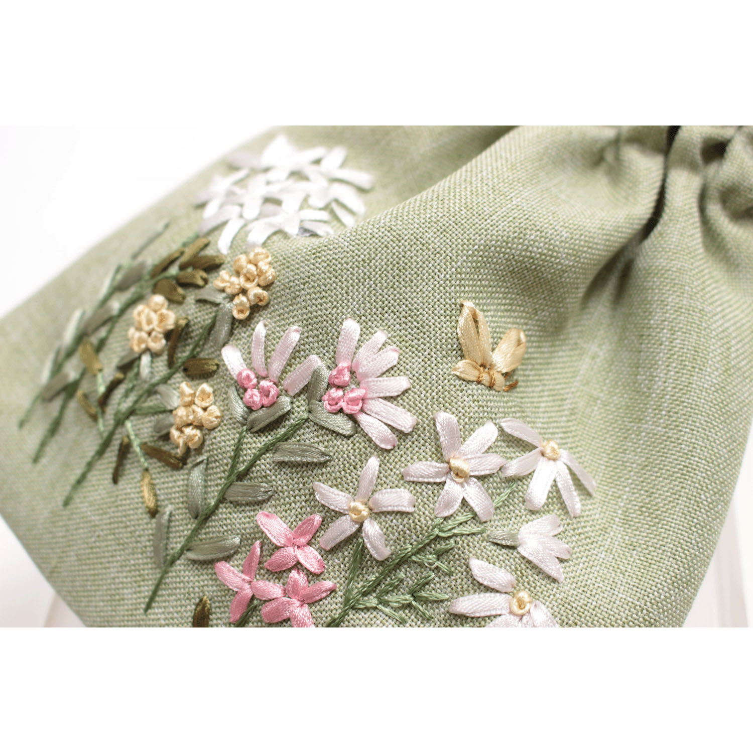 リボン刺繍 グリーン 巾着 - 画像3