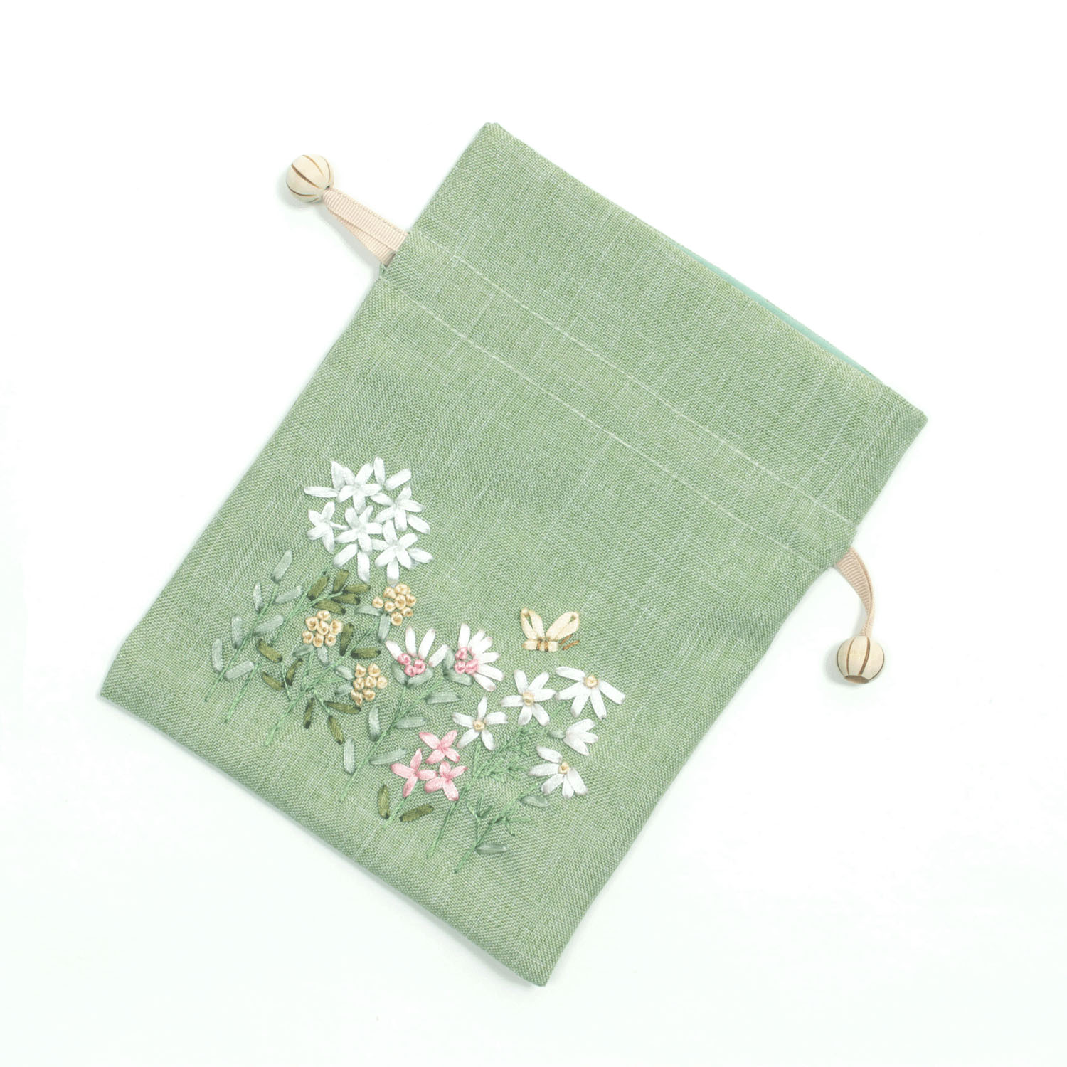 リボン刺繍 グリーン 巾着 - 画像1