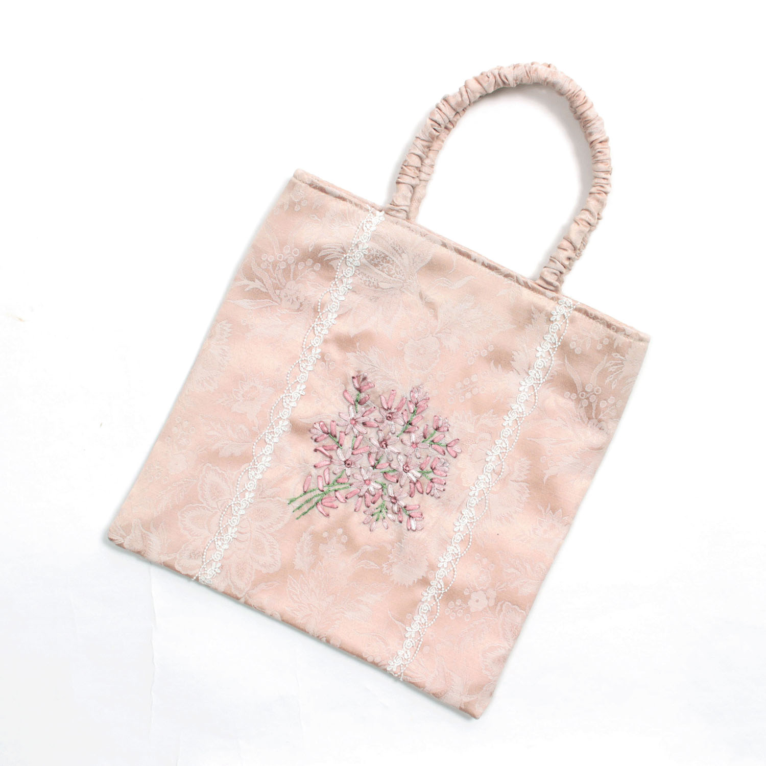 リボン刺繍 ピンク スクエアバッグ