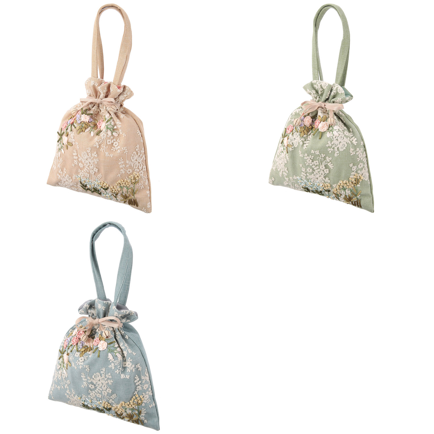 リボン刺繍フローリストシリーズ 巾着型バッグ - 画像1