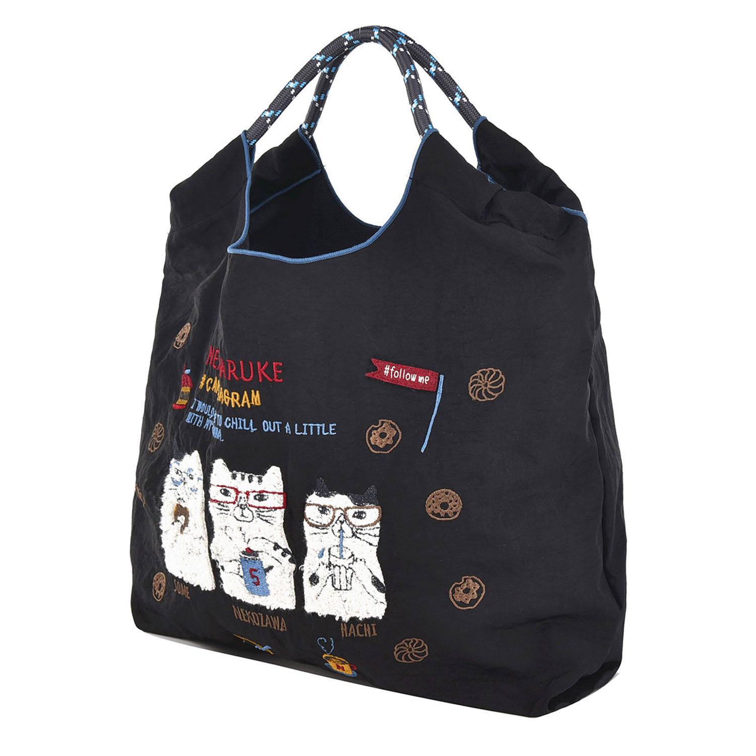 撥水加工刺繍ワッシャーバッグ M ネコまるけ柄 - 画像2