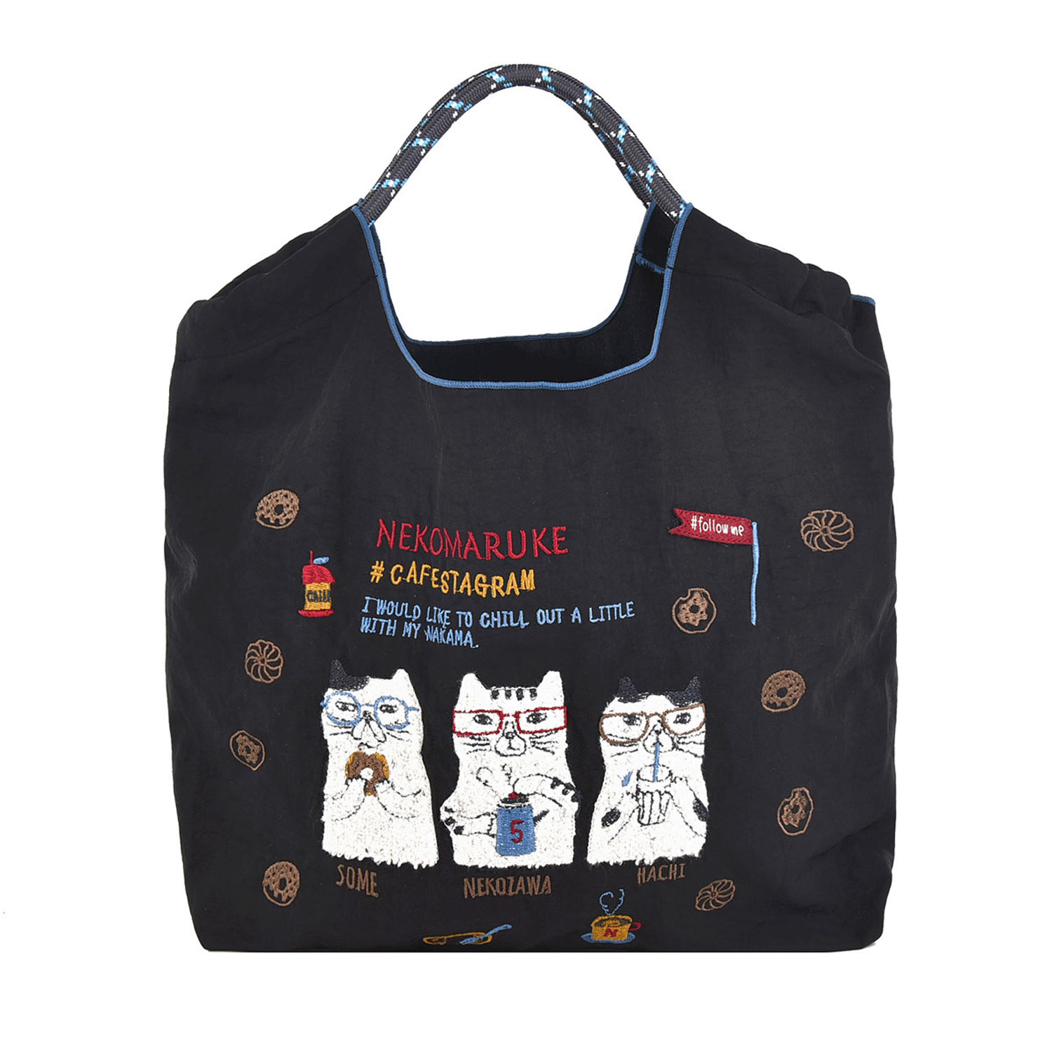 撥水加工刺繍ワッシャーバッグ M ネコまるけ柄