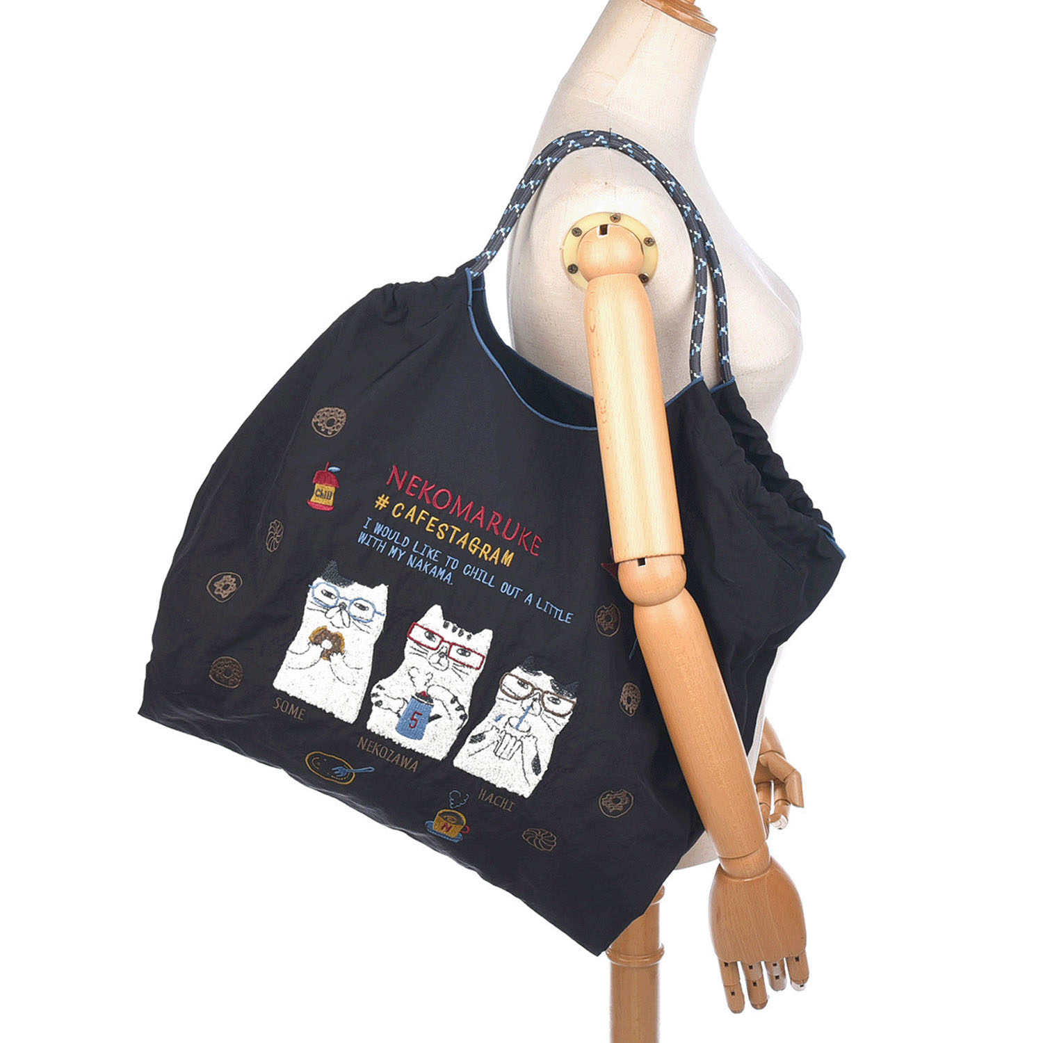 撥水加工刺繍ワッシャーバッグ L ネコまるけ柄 - 画像11