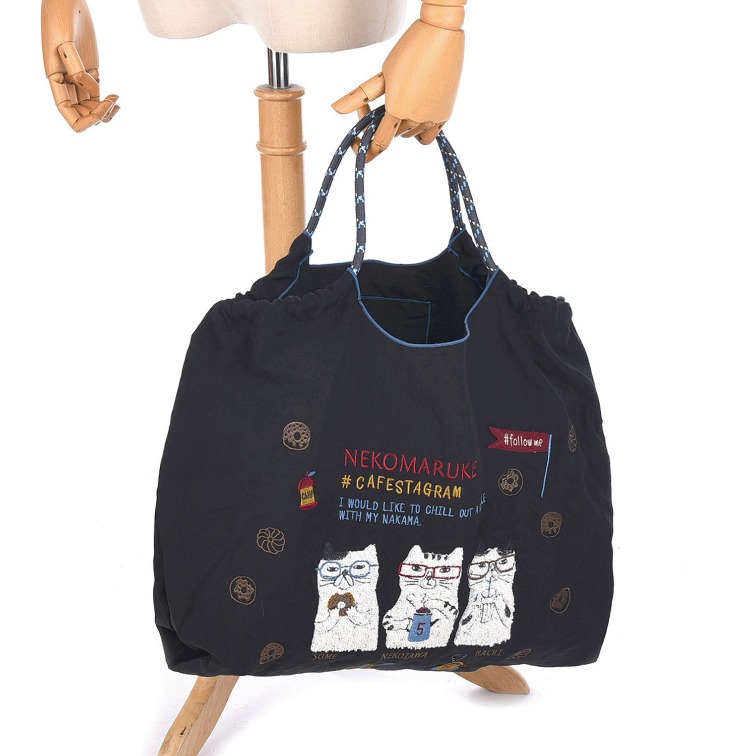 撥水加工刺繍ワッシャーバッグ L ネコまるけ柄 - 画像12