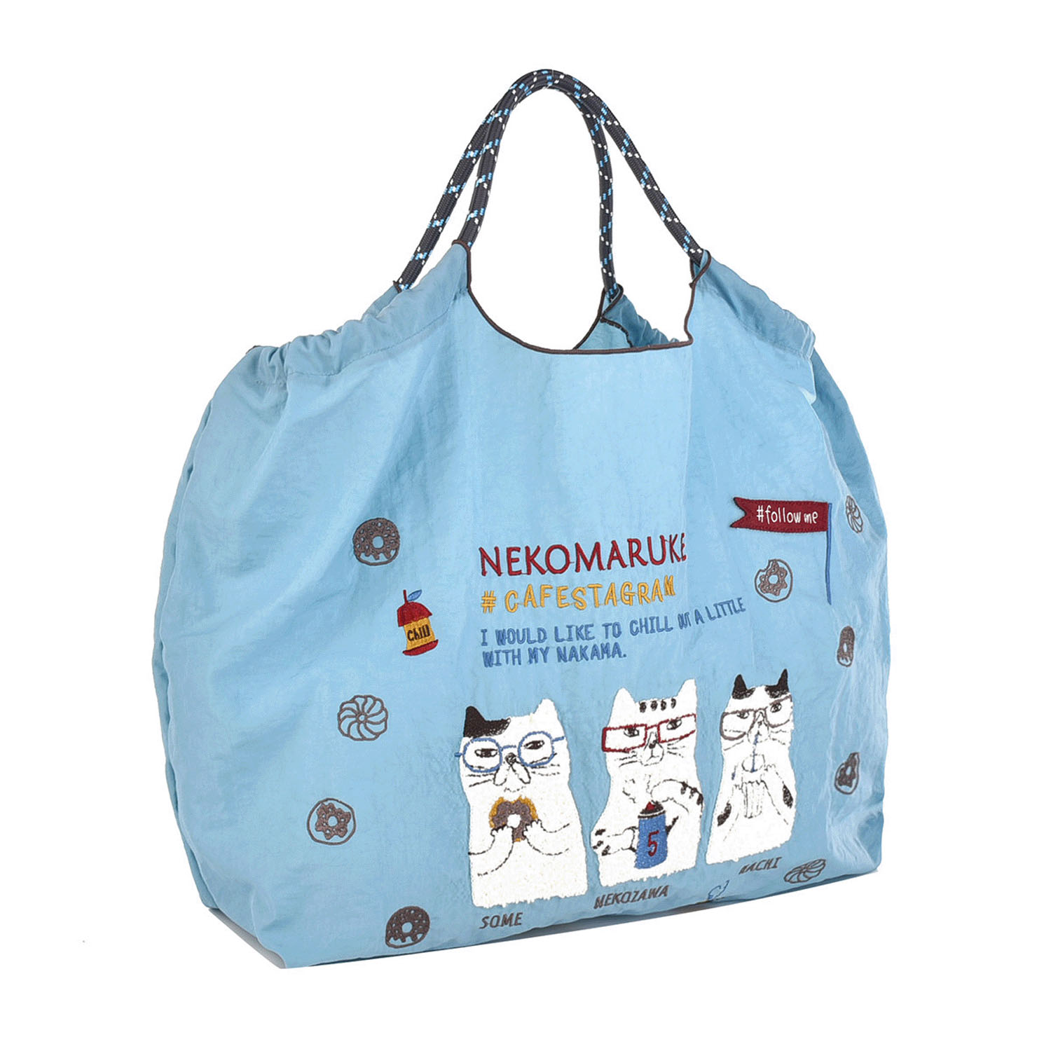 撥水加工刺繍ワッシャーバッグ L ネコまるけ柄 - 画像15