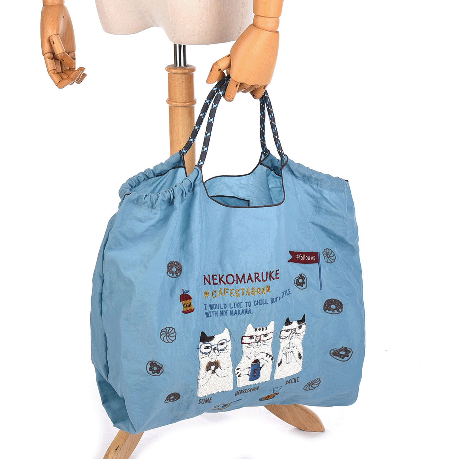 撥水加工刺繍ワッシャーバッグ L ネコまるけ柄 - 画像24