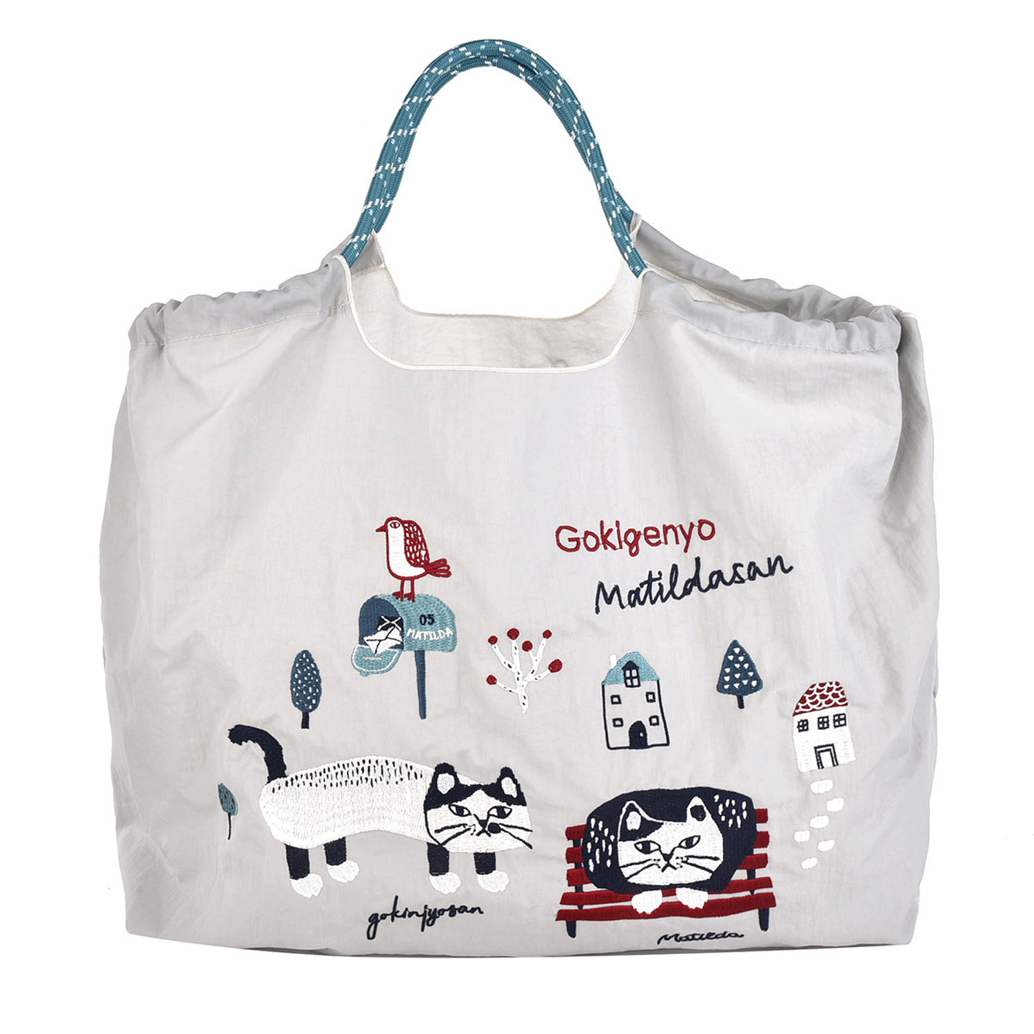 【オフホワイト：取り扱い終了】撥水加工刺繍ワッシャーバッグ L マチルダさん柄