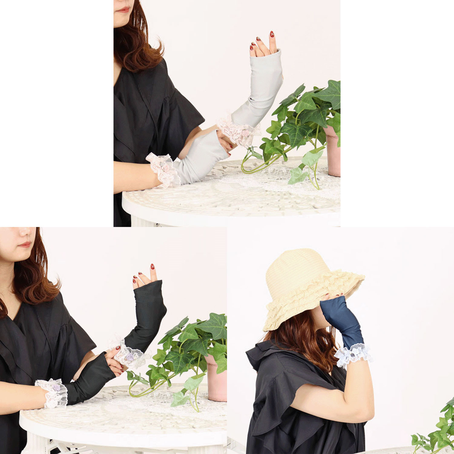 レースフリルバラ付UVショート手袋 - 画像1